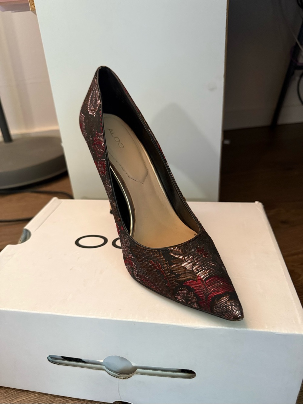 ALDO Floral Brocade Pointed Stiletto Heels in Black, Red and Pink - Picture 4 of 6
